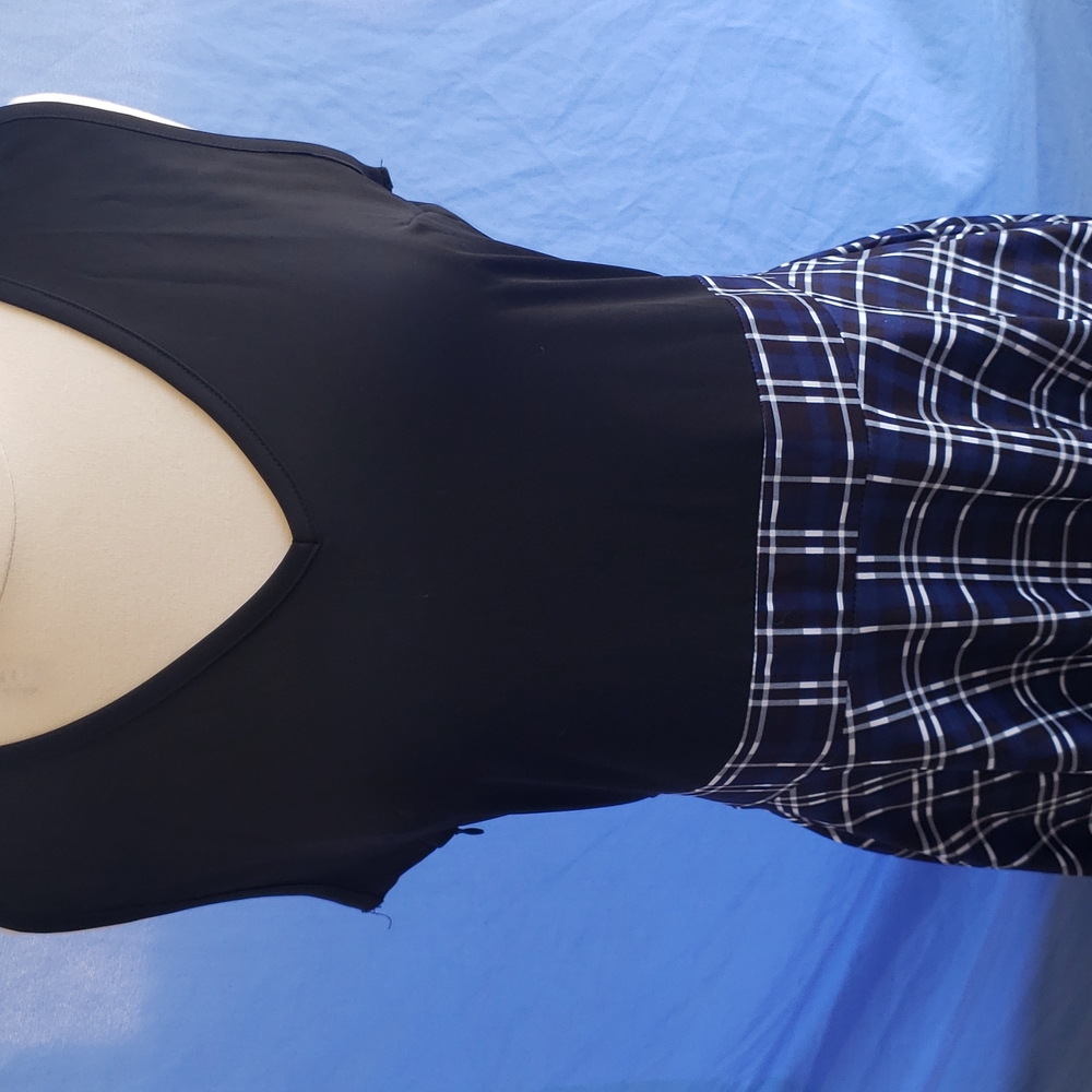 Womans dress large.  Black and blue plaid. Stretchy.